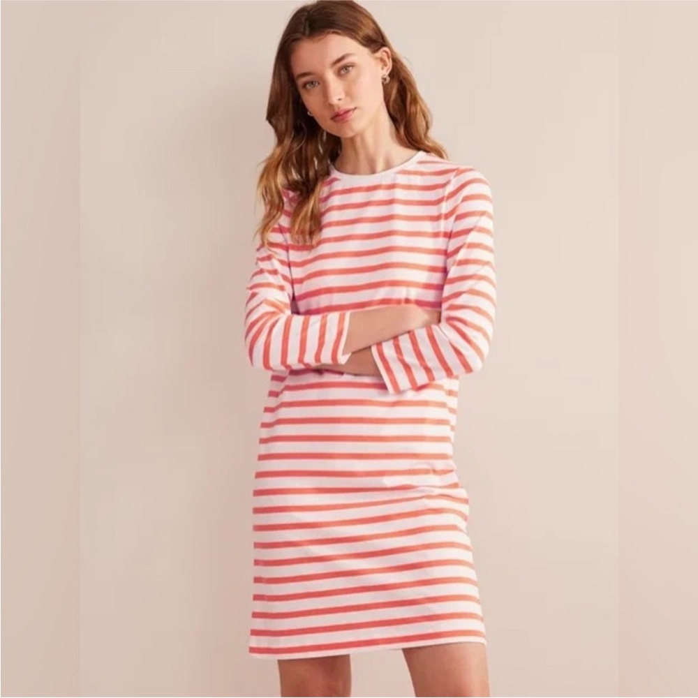 Boden Mini T-Shirt Dress Persimmon Orange Ivory Stripe Size 8 Long